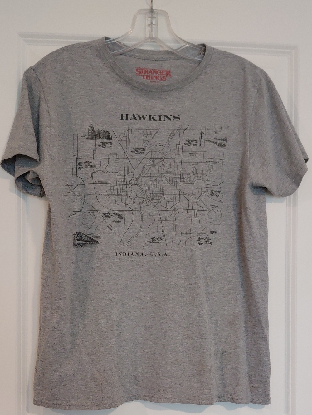 Stranger Things Hawkins Map Gray Crewneck T-Shirt